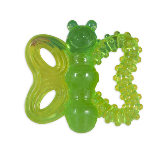 Green dog teether with a butterfly design on a white background