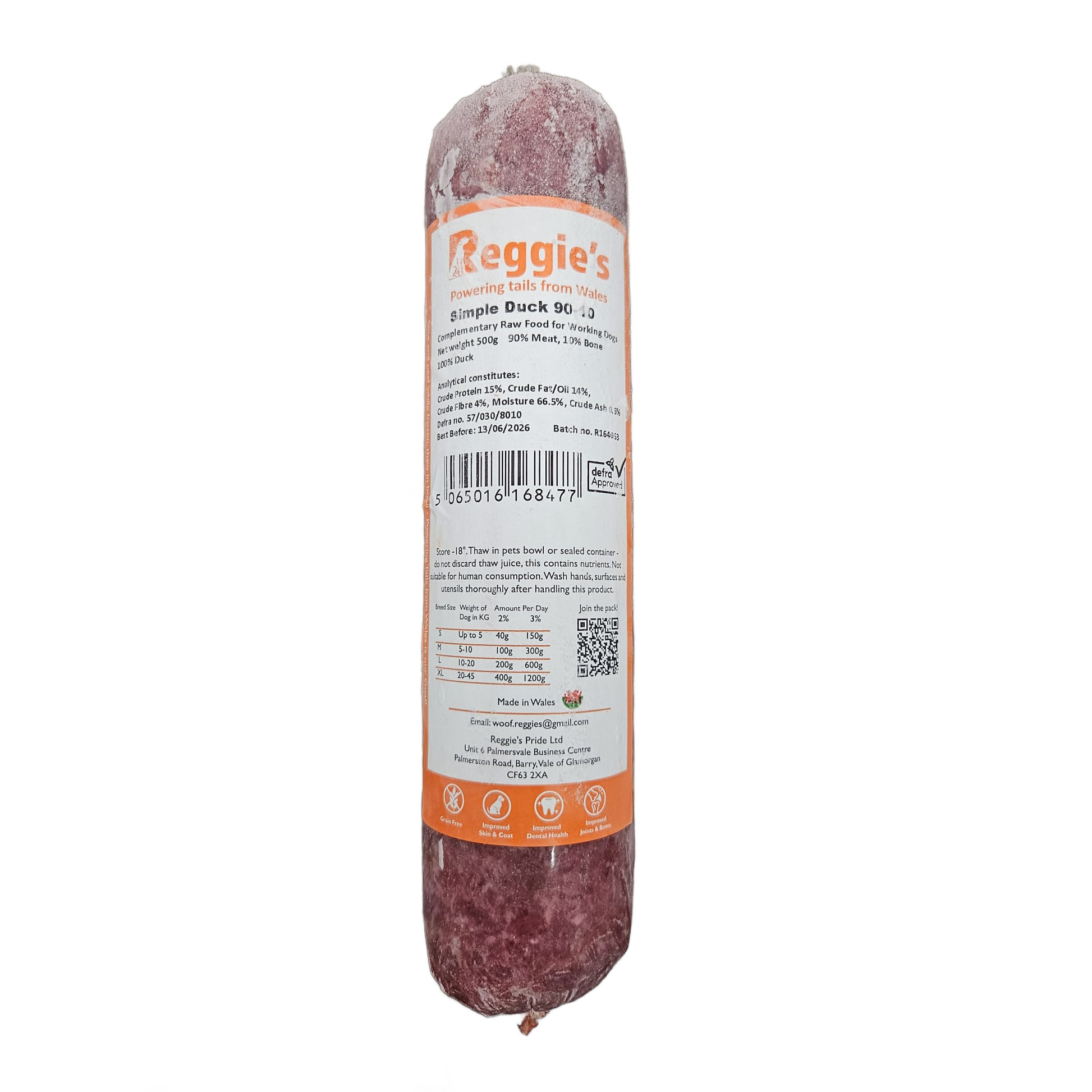 Reggies Duck raw mince with a label on a white background