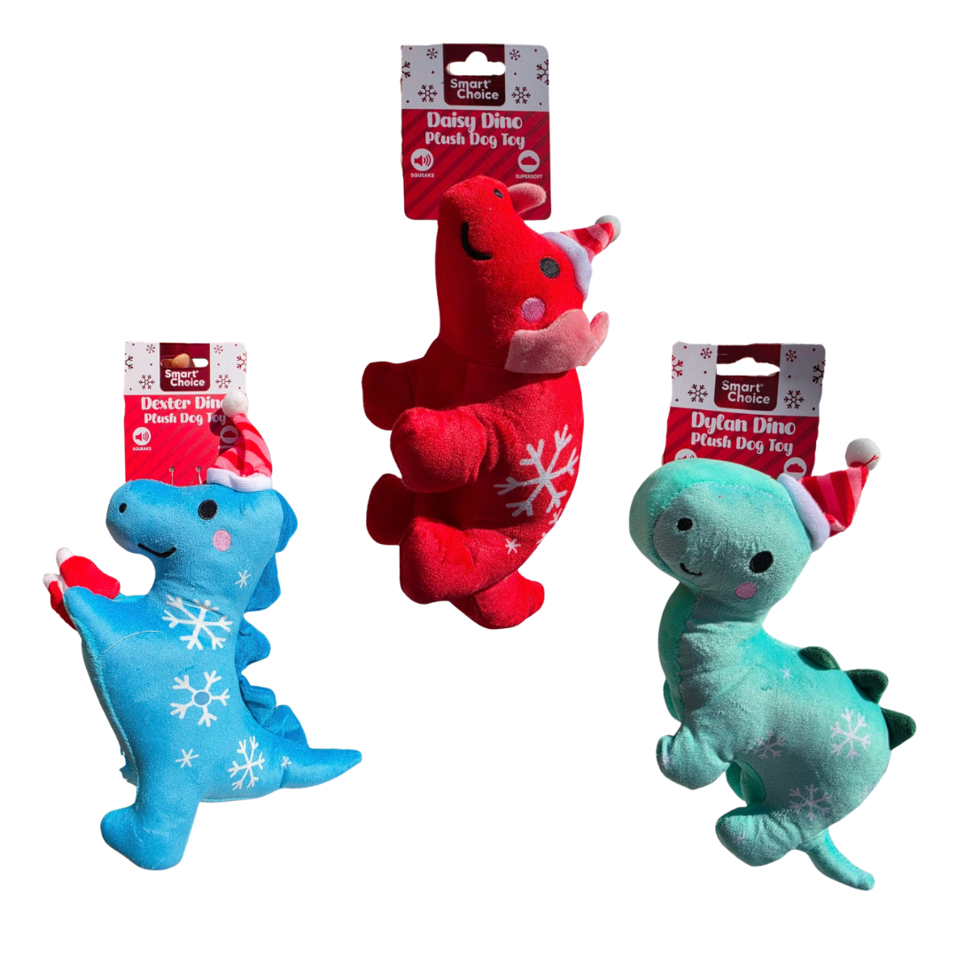 SC Christmas Squeaky Dinosaur Plush Dog Toy Assorted