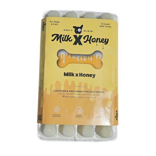 Pack of Milk x Honey goat milk and honey frozen treats for dogs and cats on a white background.
