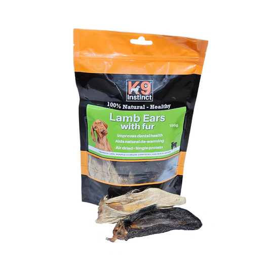 K9 Instinct Lamb Ears with fur dog treat package on a white background