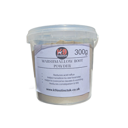 K9 Instinct marshmallow root powder for dogs container on a white background