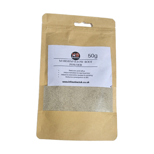 Kraft paper packaging of marshmallow root powder for dogs with a label on a white background