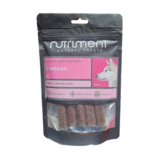 Package of Nutriment Venison dog moist sausages on a white background