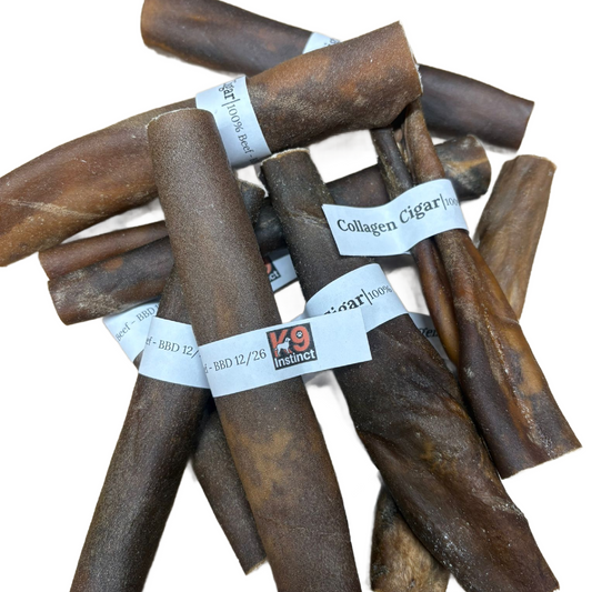 Collagen dog chews with visible branding on a white background