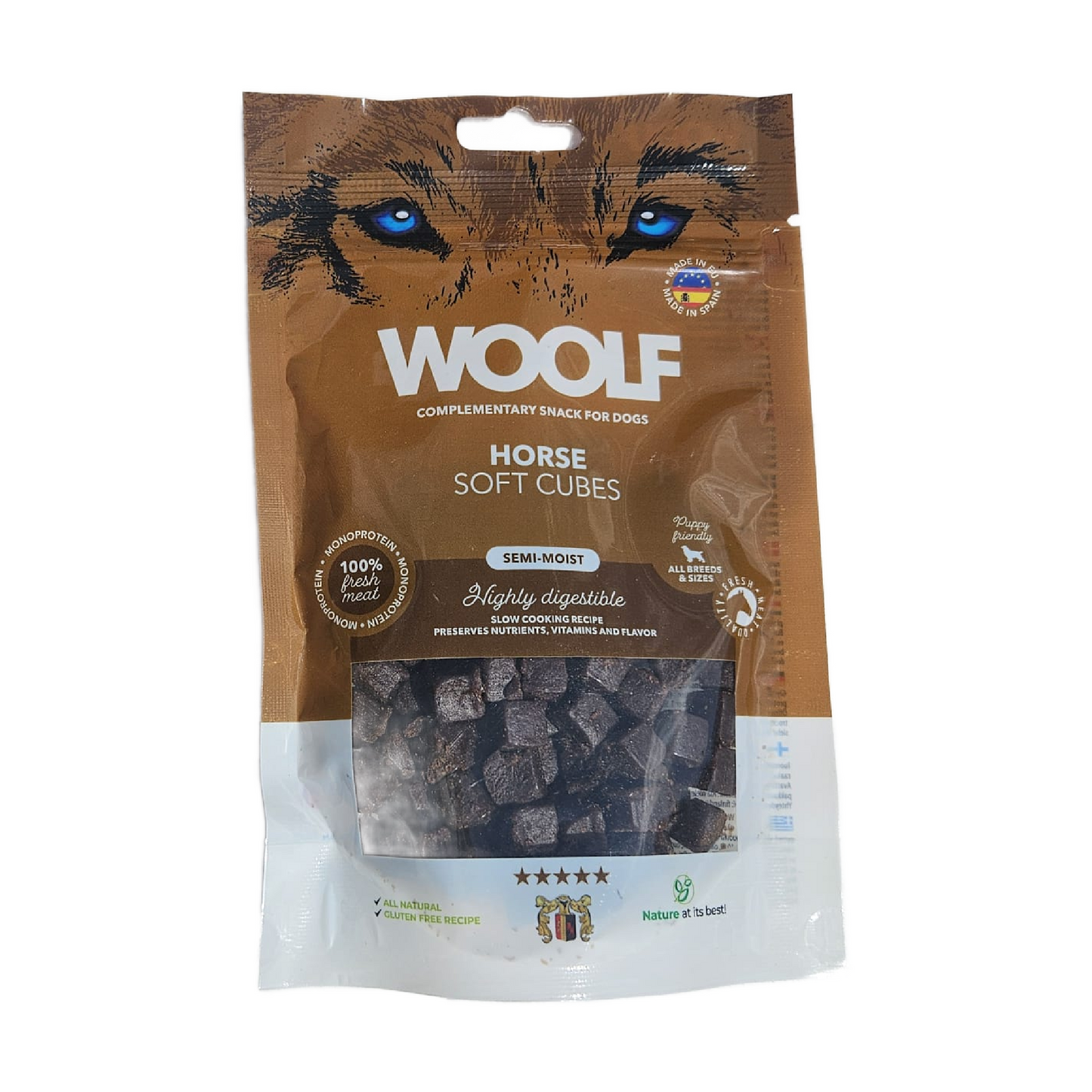 Package of Woolf Horse Soft Cubes for dogs on a white background