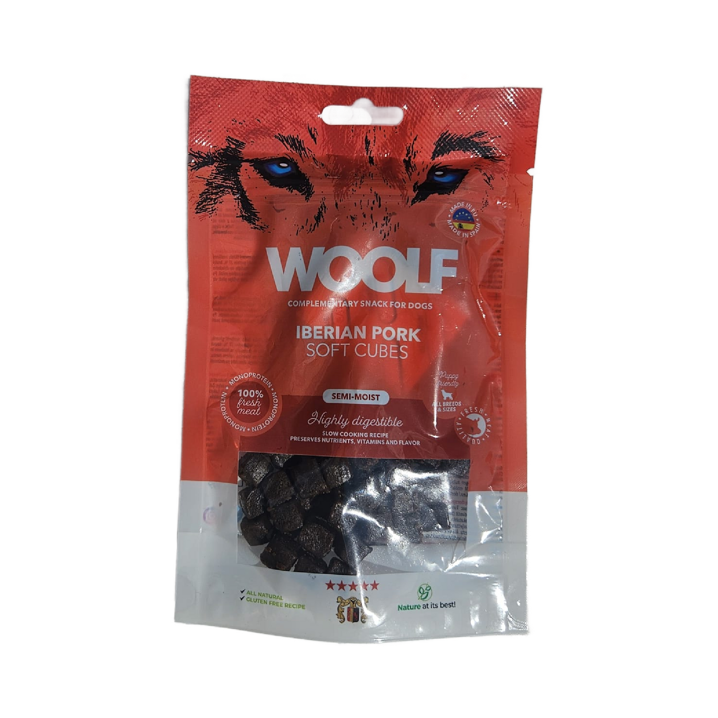 Red package of Woolf iBerian Pork Soft Cubes for dogs on a white background