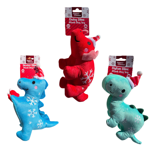 SC Christmas Squeaky Dinosaur Plush Dog Toy Assorted