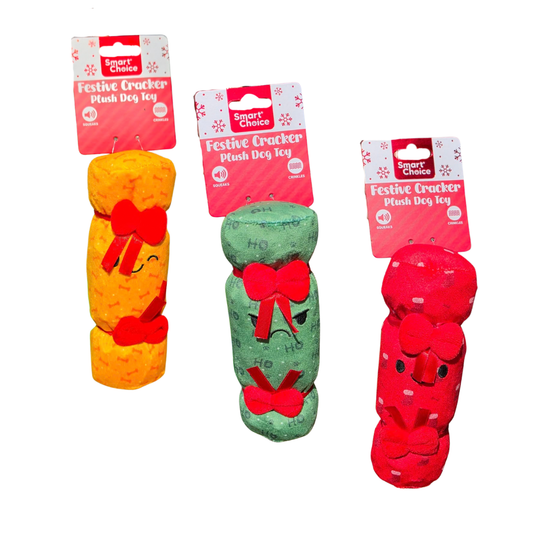SC Christmas Squeaky Crinkle Festive Cracker Plush Dog Toy 28cm Assorted