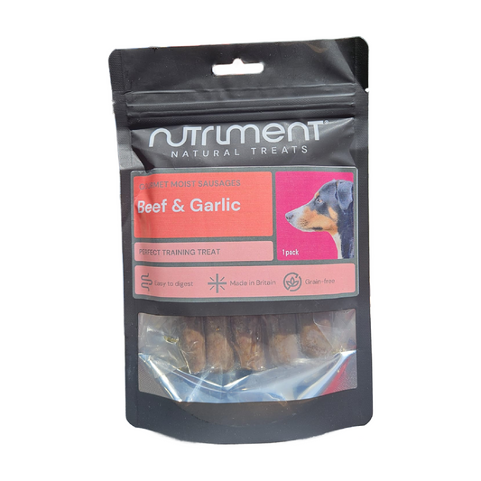 Pack of Nutriment natural sausages for dogs with beef and garlic flavor on a white background