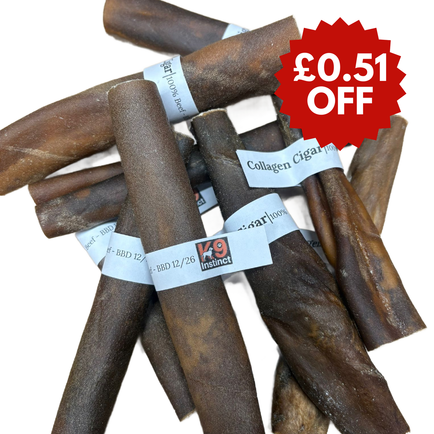 Collagen dog chews with visible branding and a discount label on a white background