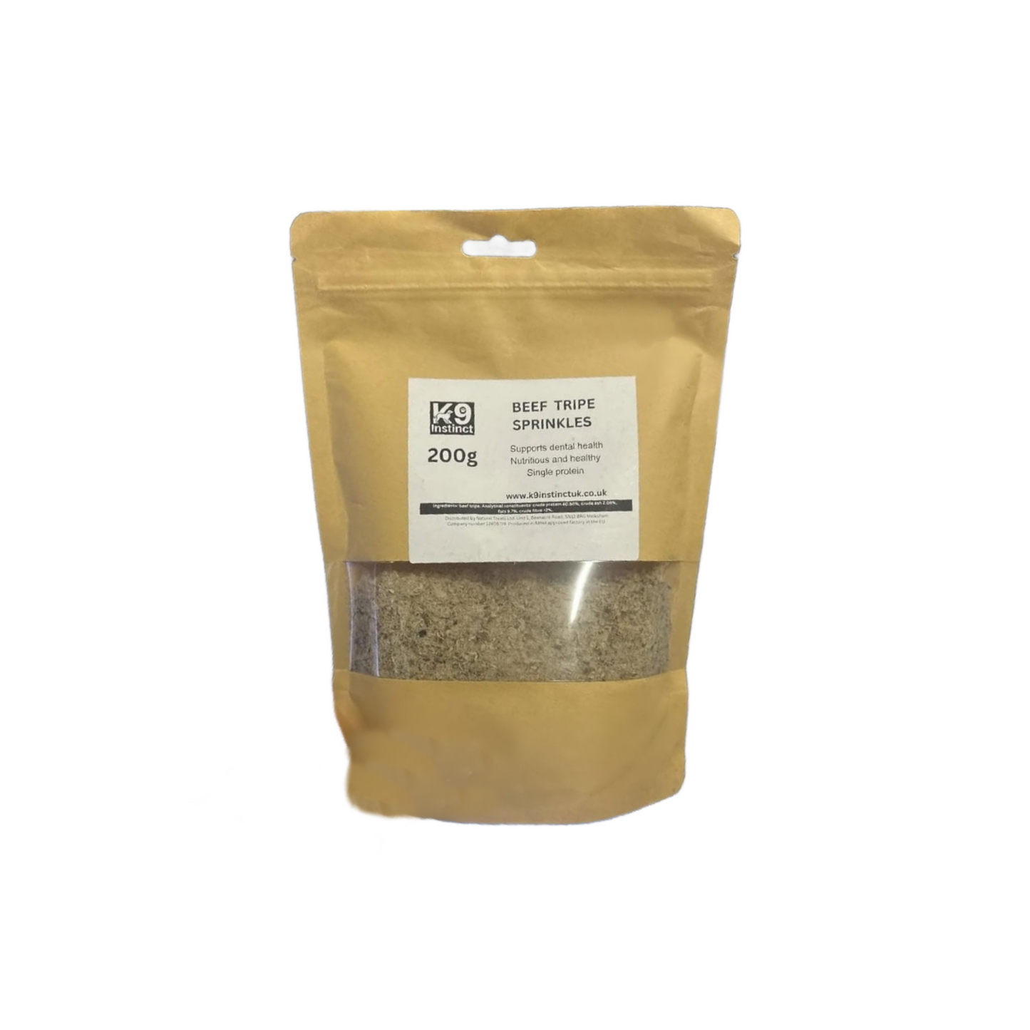 Package of beef tripe sprinkles for dogs on a white background