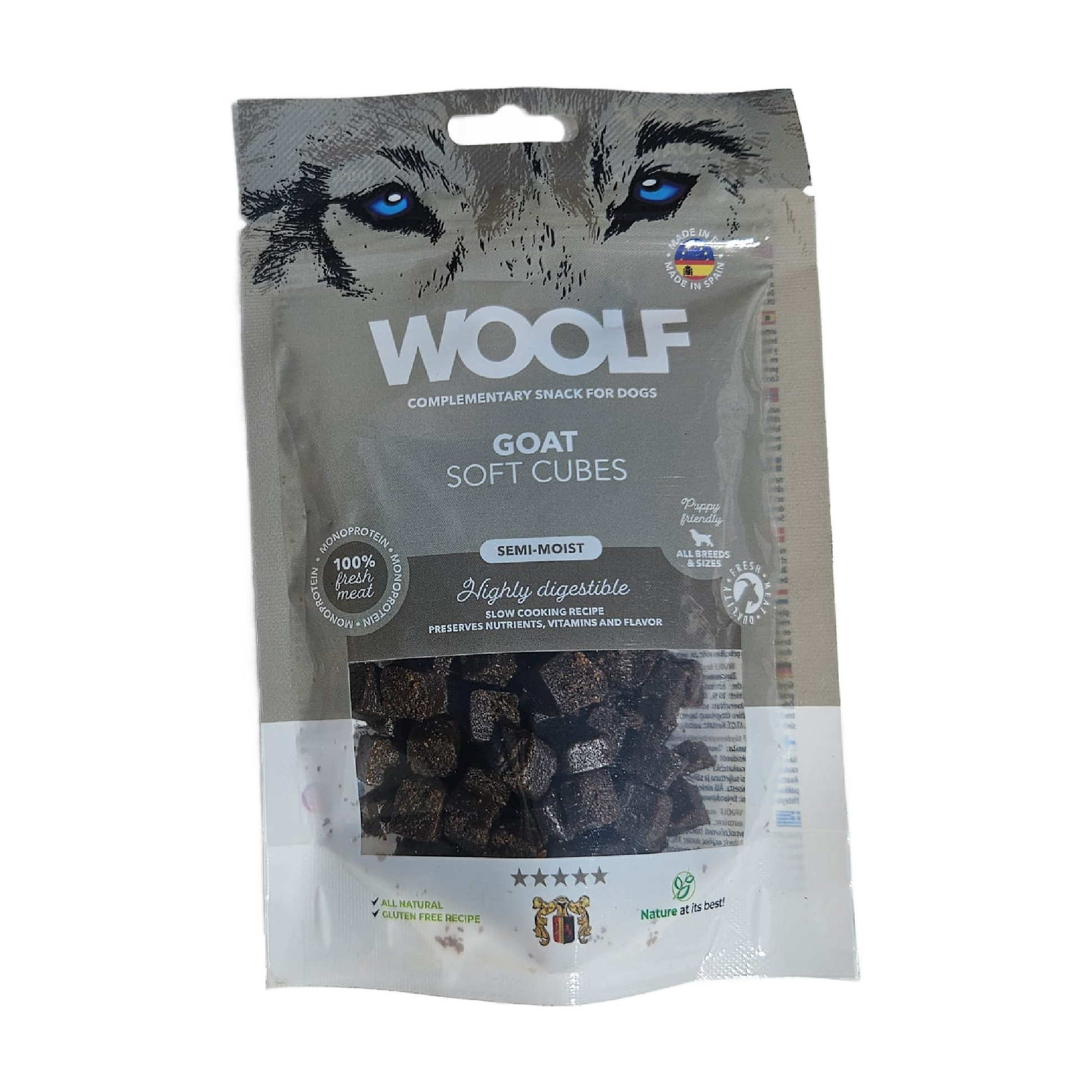 Woolf Goat Soft Cubes for dog training in Bristol packaging on a white backgroundl 